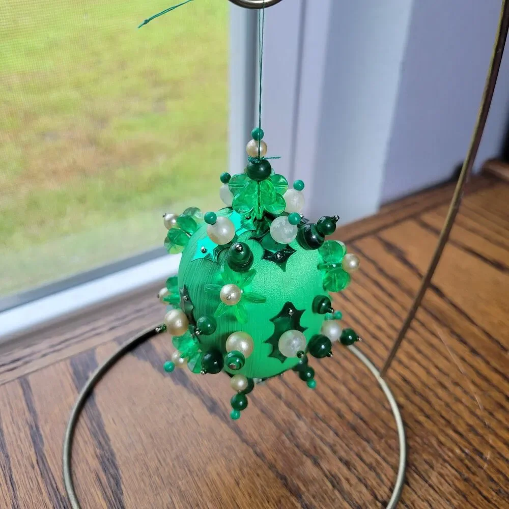 Vtg Ornate Easter Egg Handmade Beaded Push Pin Satin Basket Filler Green Egg